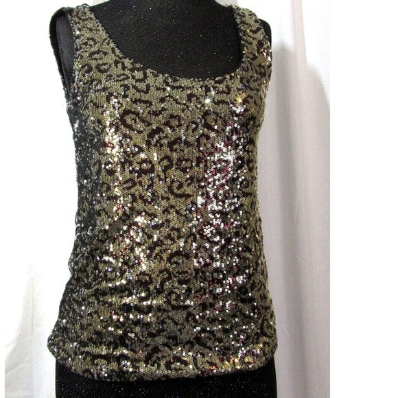 M&S Gold & Black Blouse Women Size 4 Sequin Top Metallic Dinner Date Dance Party - Picture 1 of 8